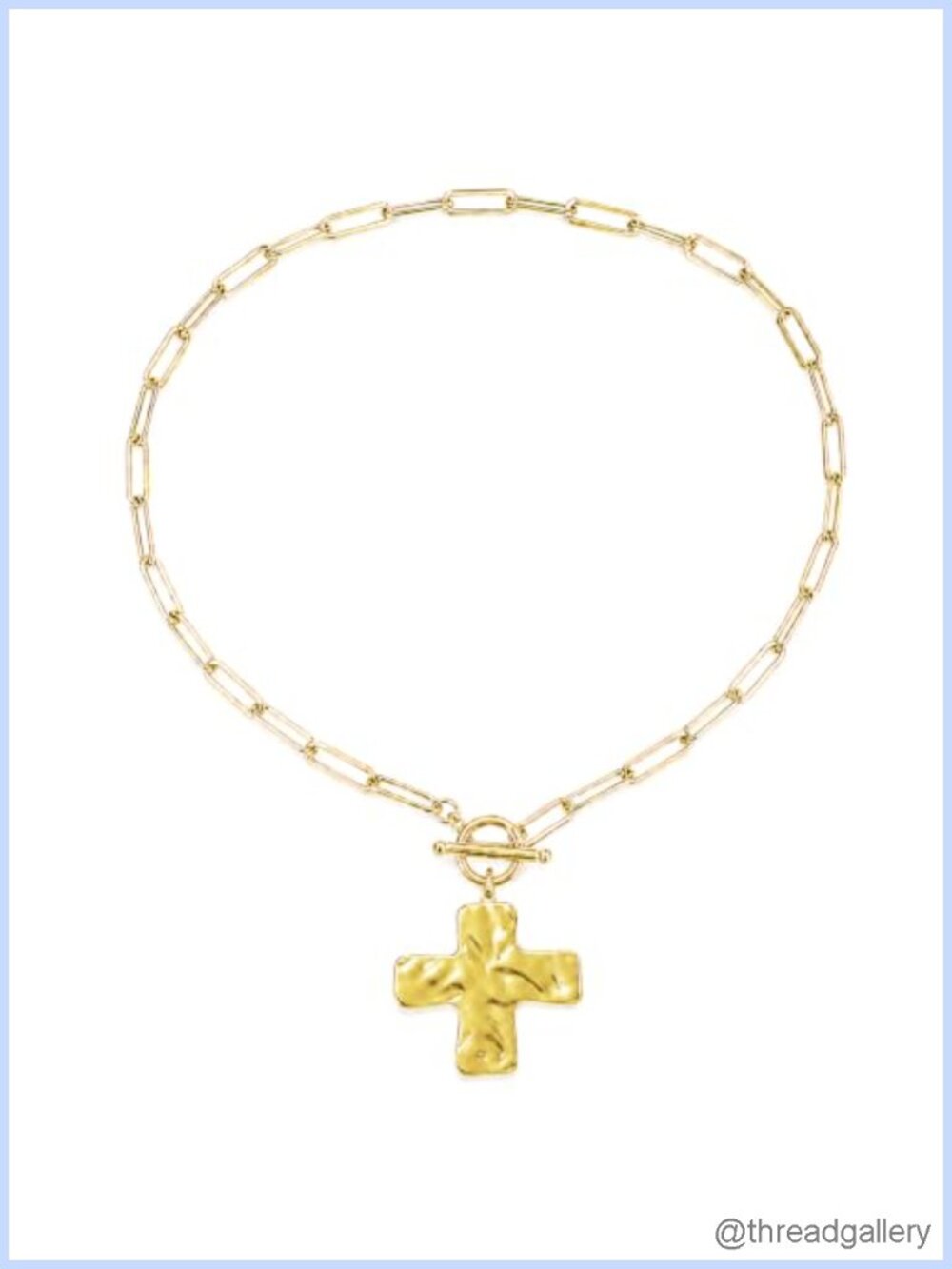 18K Gold Cross Necklace Hammered Pendant Paperclip Chain Women